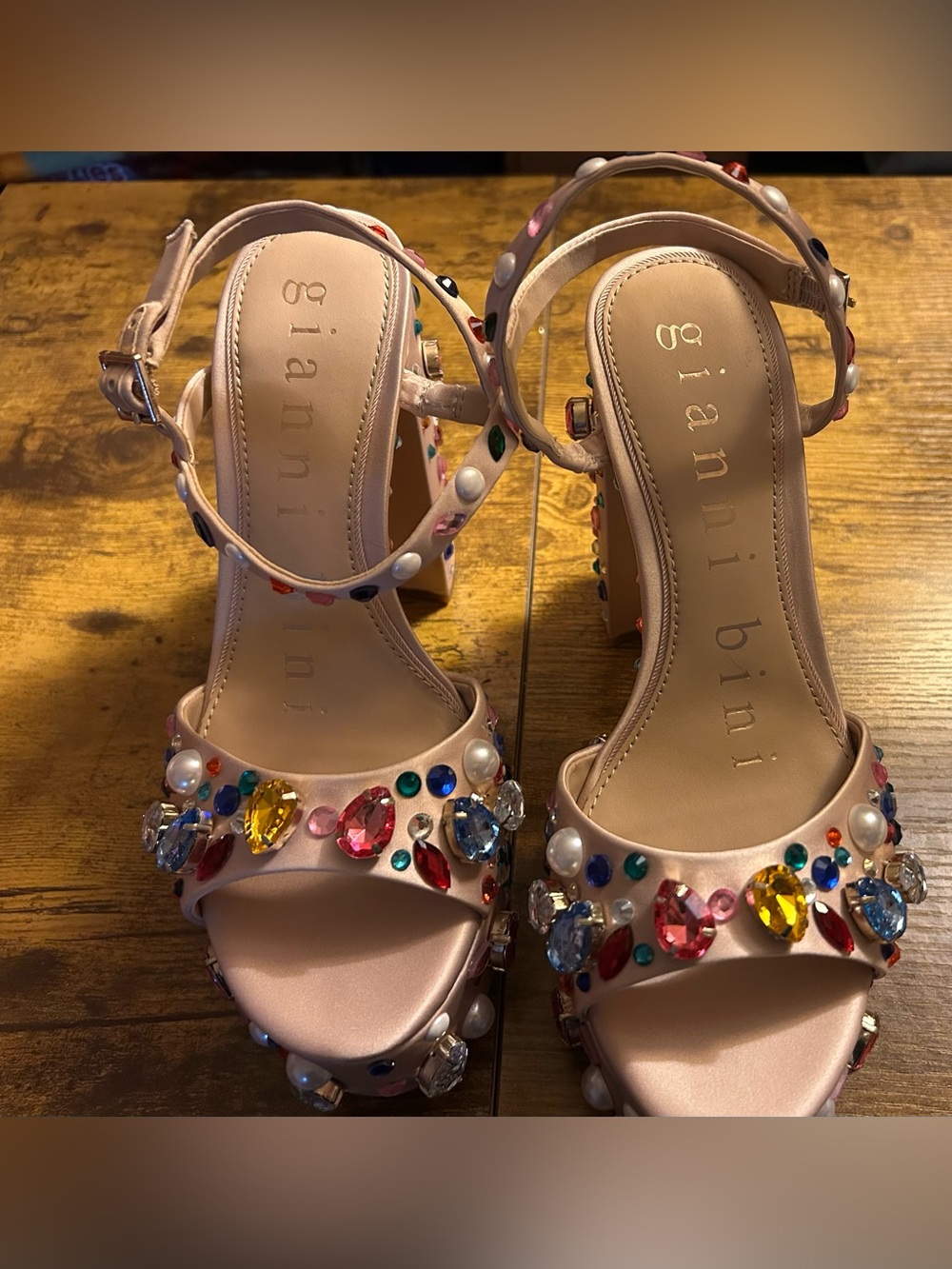 Gianni Bini Nude Platform Heels with Multicolored Gems - Picture 4 of 7